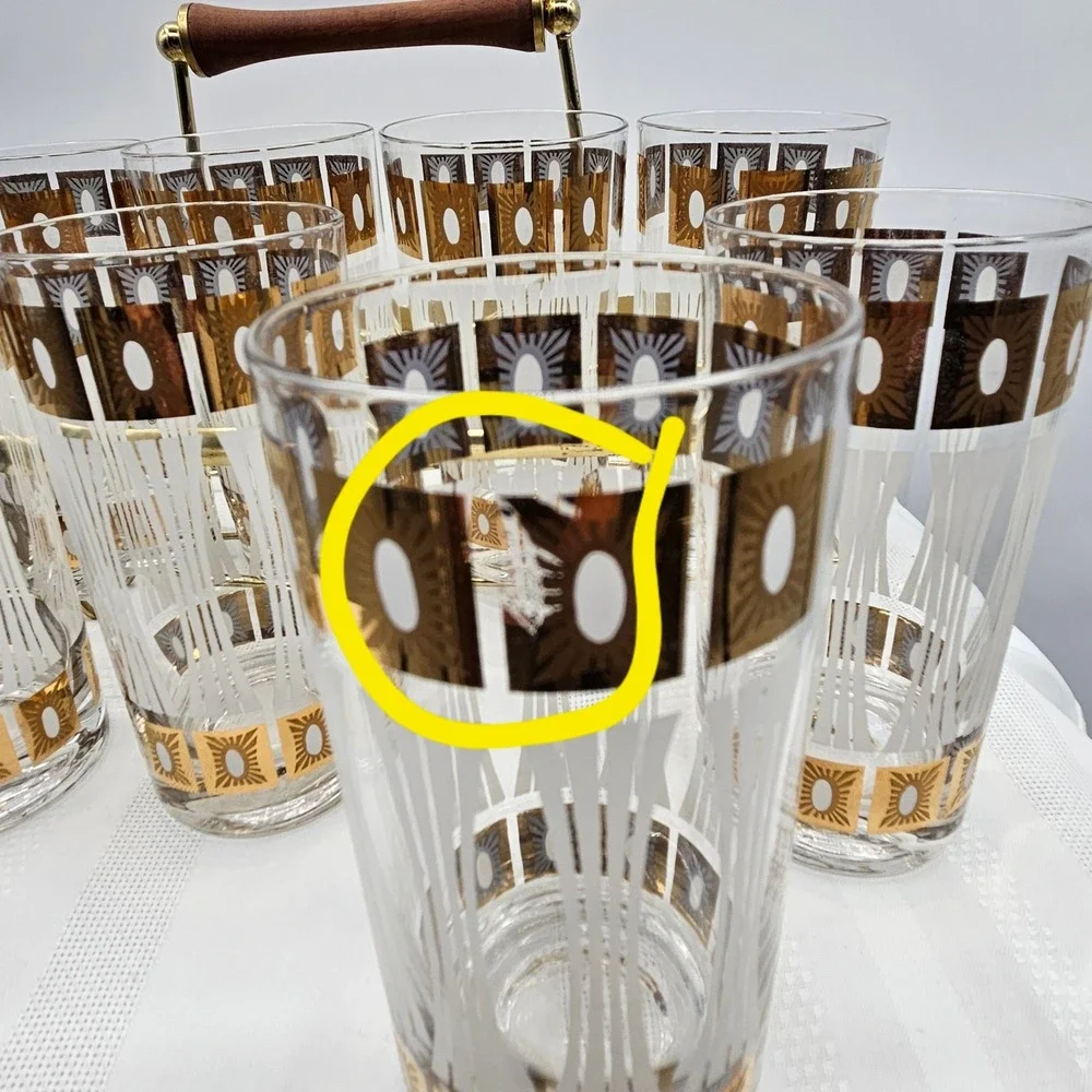 Set of 8 MCM Fred Press Frosted 22Kt Trim High Ball Glasses in‎ a Brass Caddy